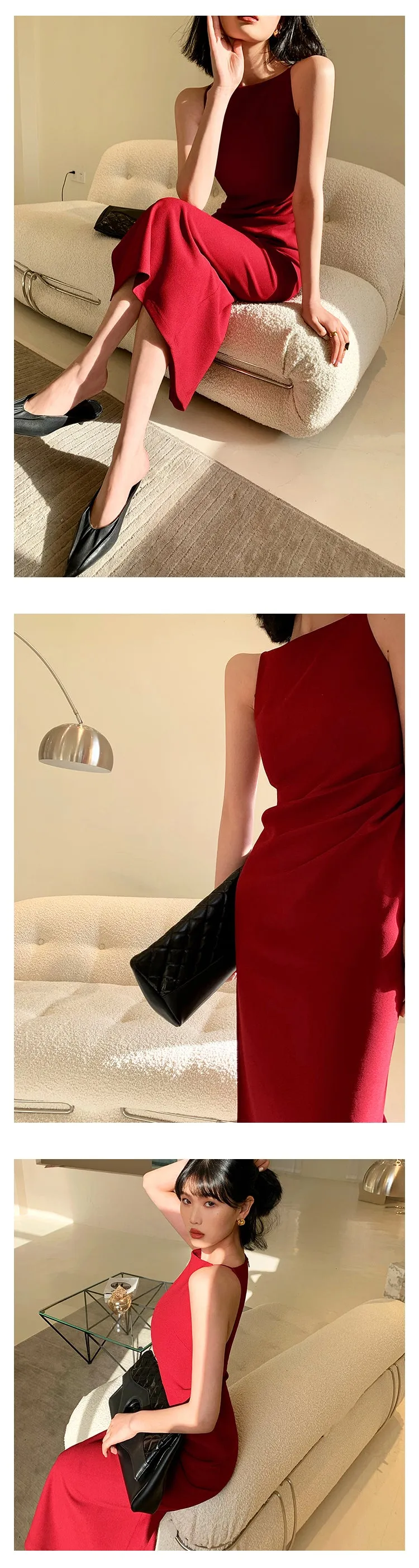 New spring and summer light luxury one-shoulder high-end slit dress- Tiomo red