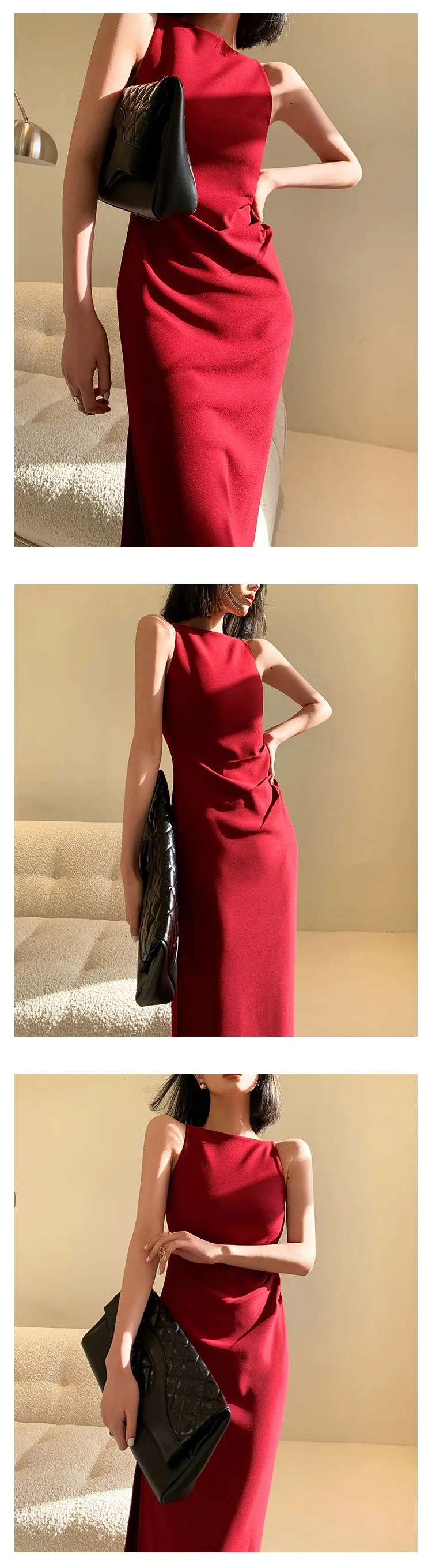 New spring and summer light luxury one-shoulder high-end slit dress- Tiomo red