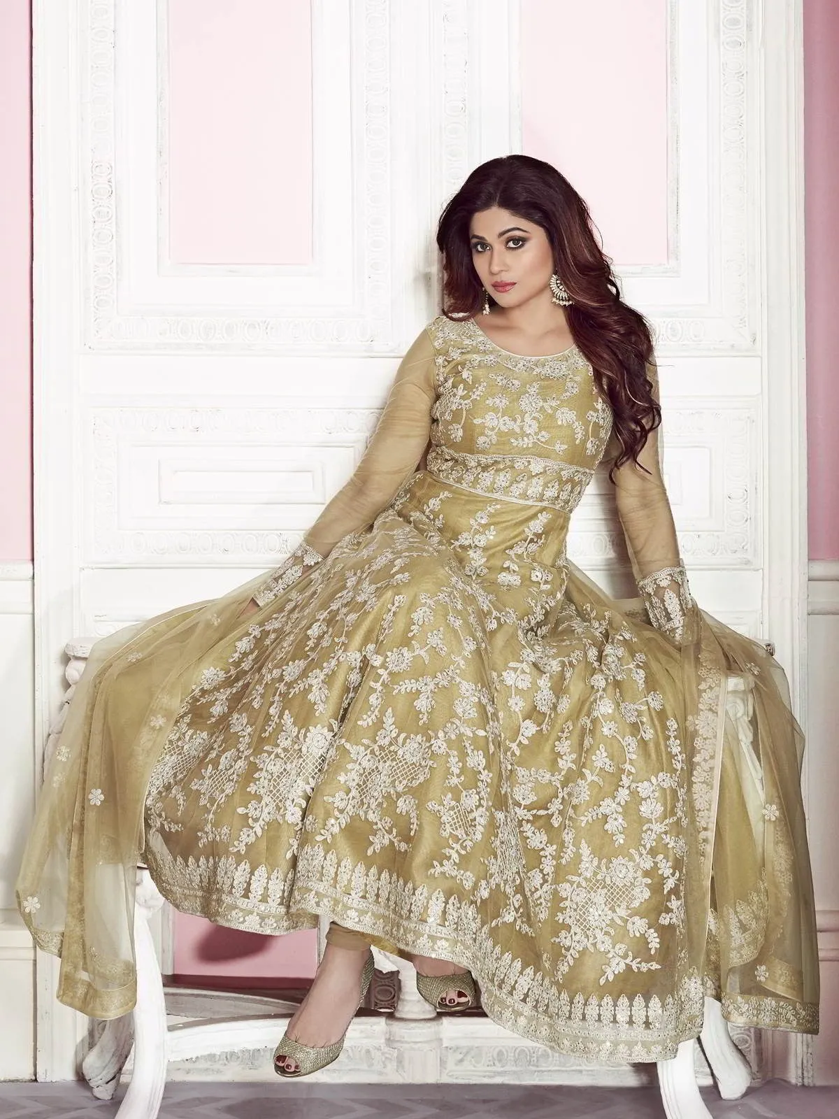 Ochre Yellow Overall Embroidered Designer Net Anarkali Suit