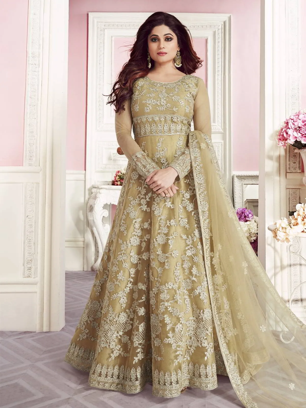 Ochre Yellow Overall Embroidered Designer Net Anarkali Suit