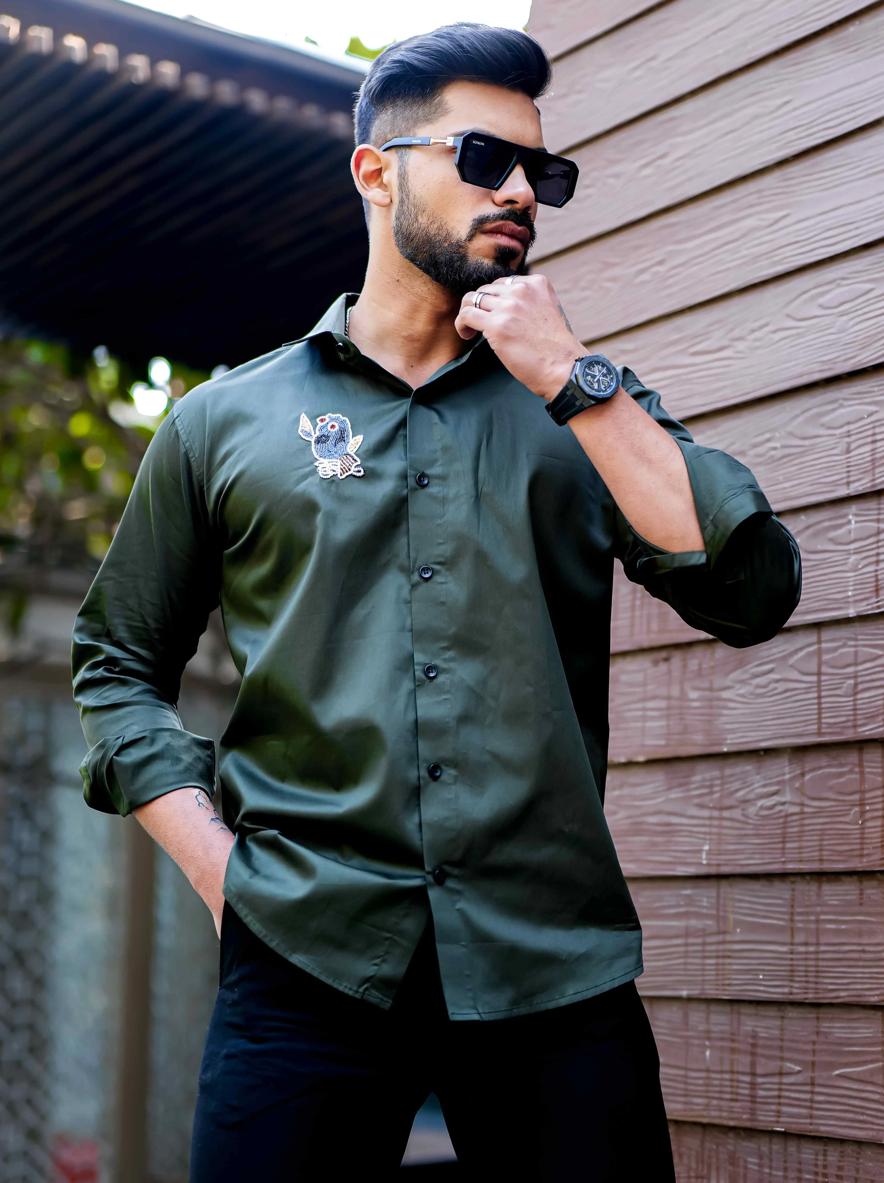 Olive Rhinestone Party Satin Cotton Premium Shirt