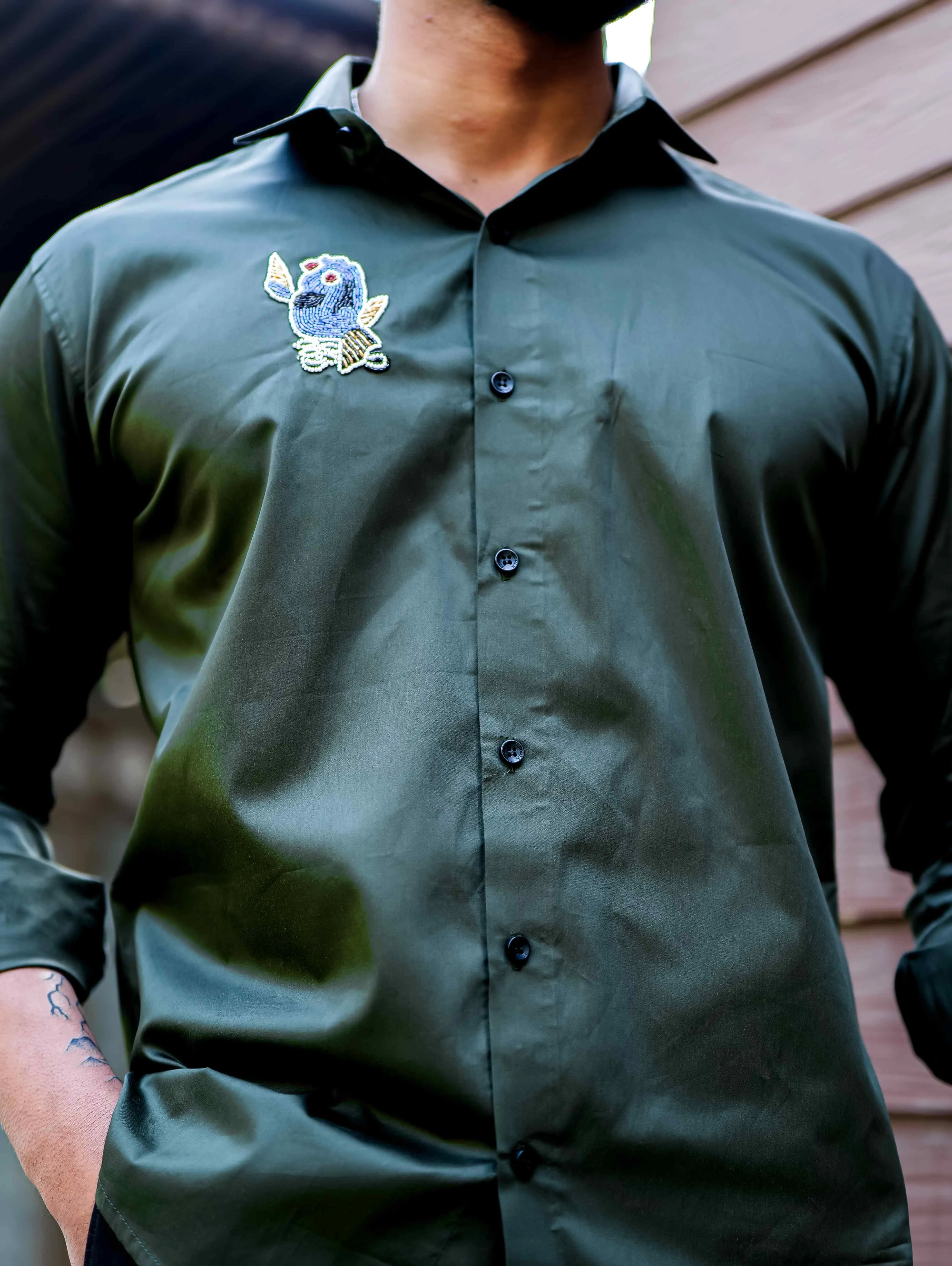 Olive Rhinestone Party Satin Cotton Premium Shirt