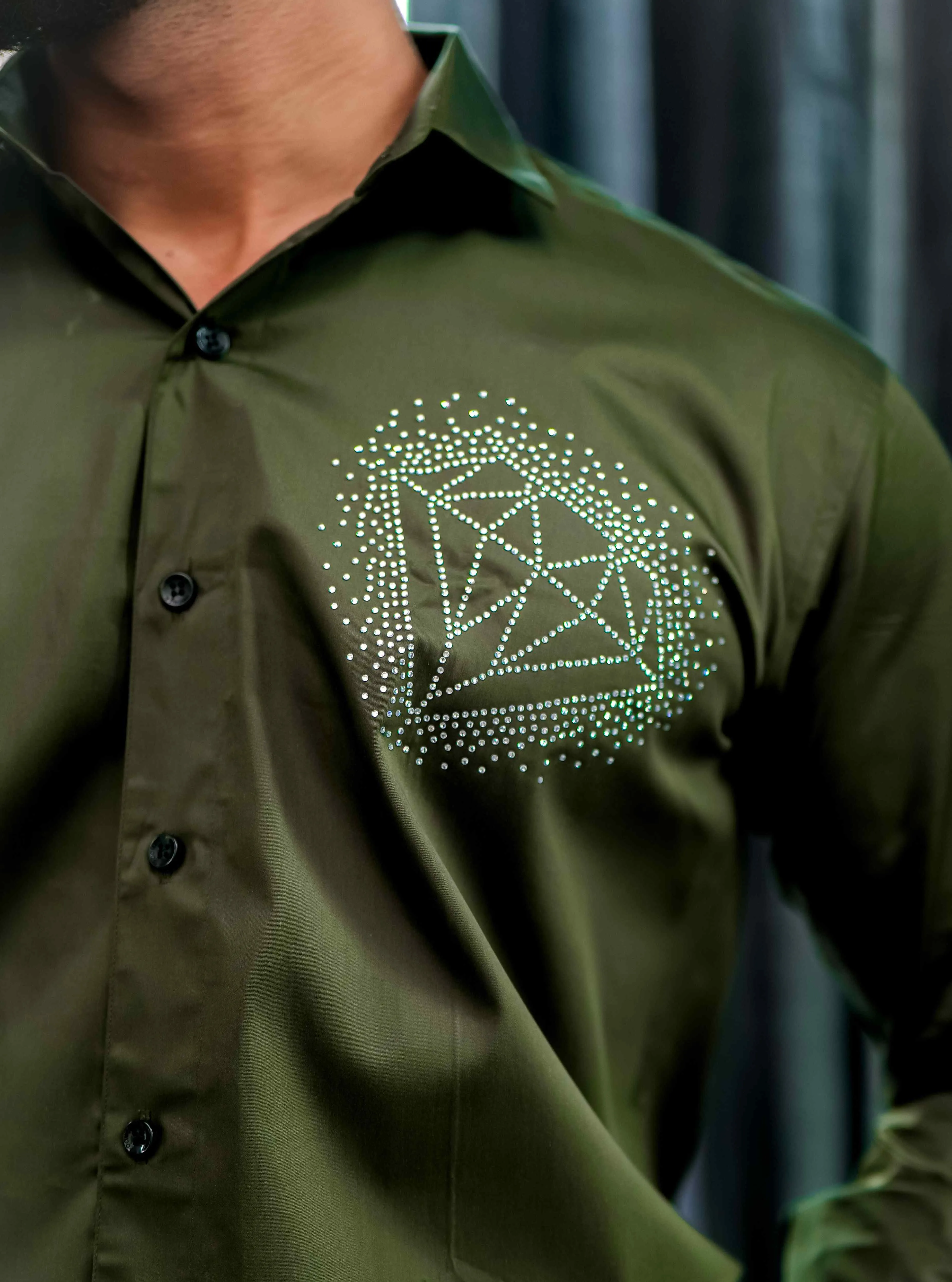 Olive Starry Beaded Satin Cotton Premium Party Shirt