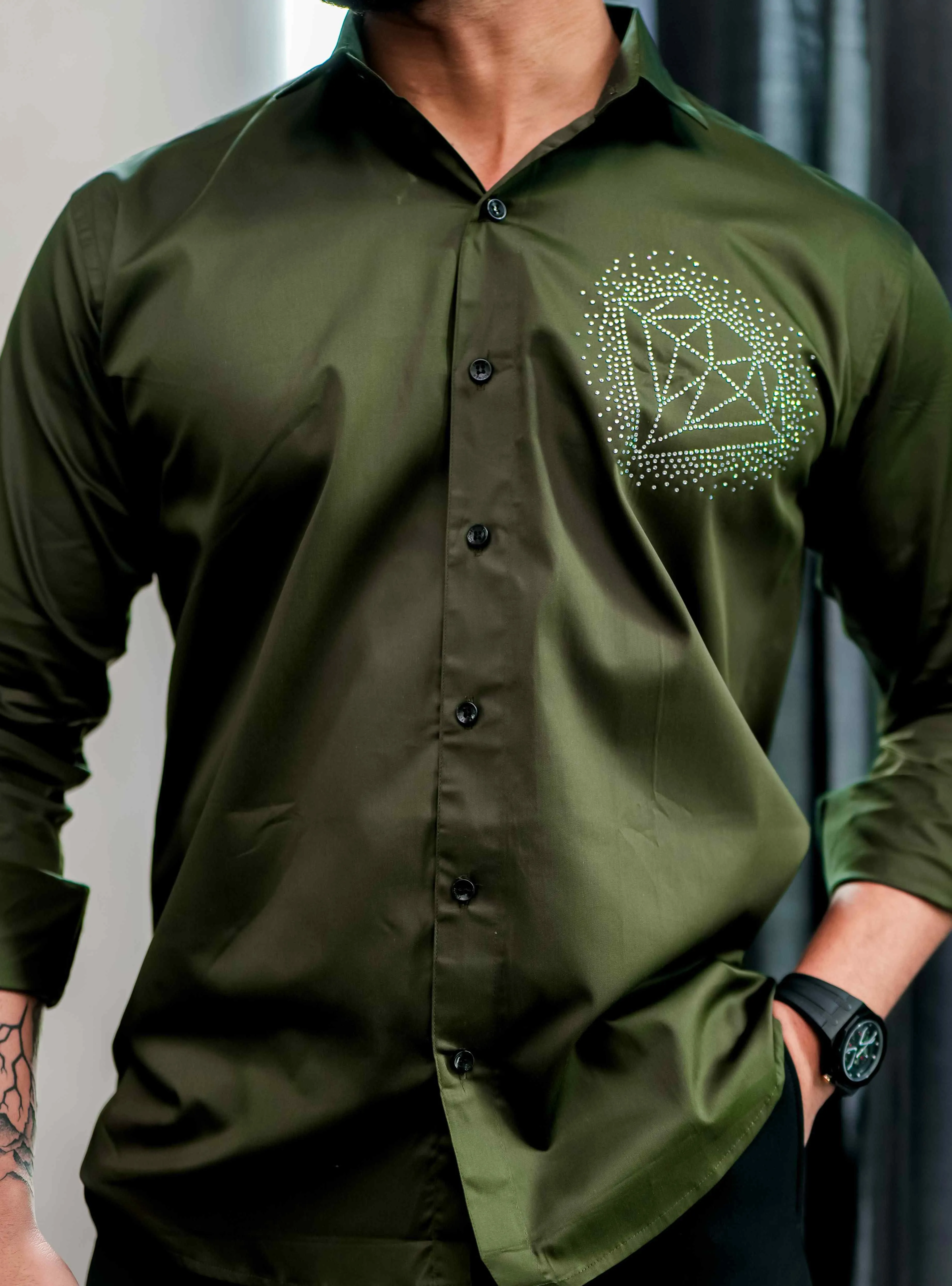 Olive Starry Beaded Satin Cotton Premium Party Shirt