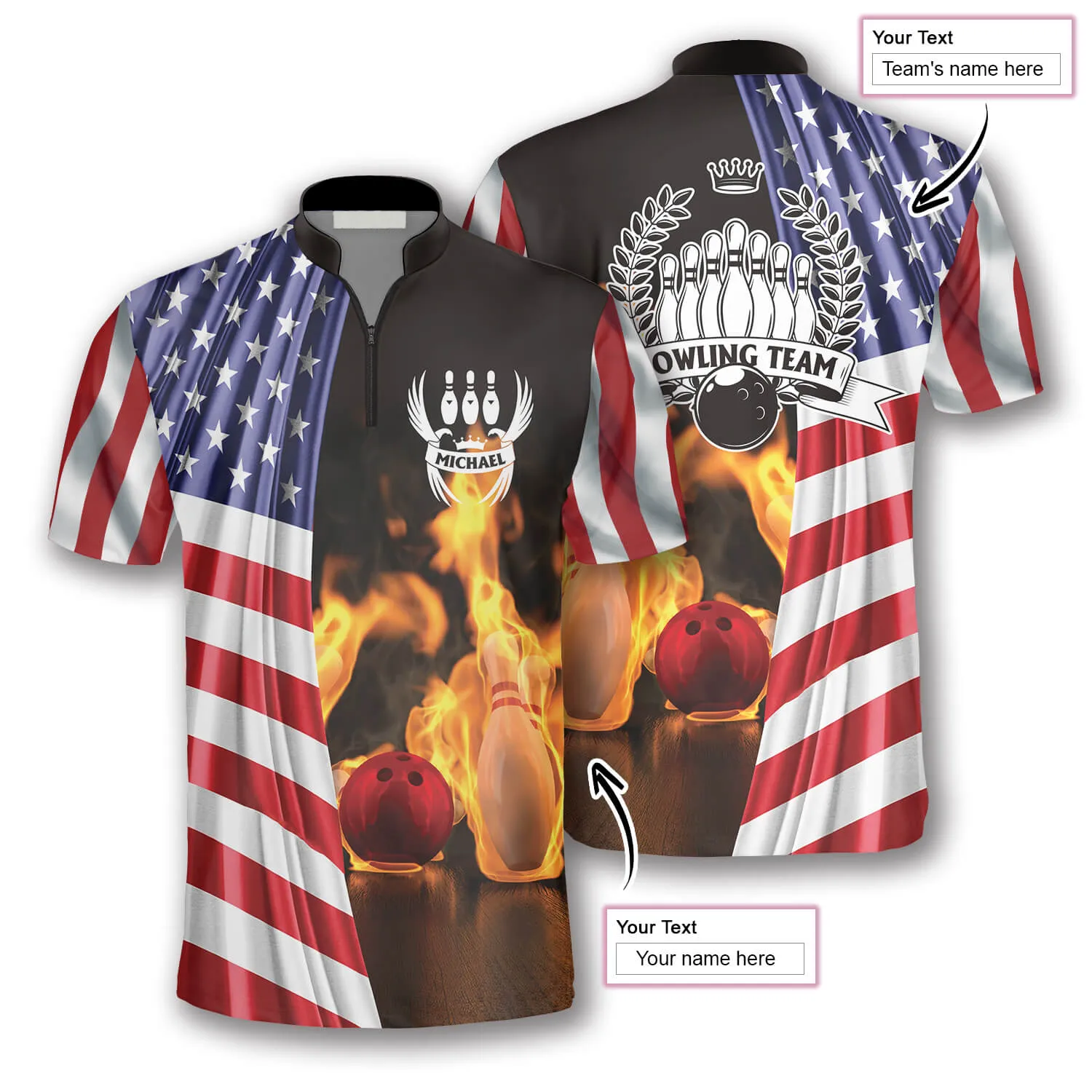 On Fire US Flag Custom Bowling Jerseys for Men, Flag American Bowling Shirt, Flag Shirt