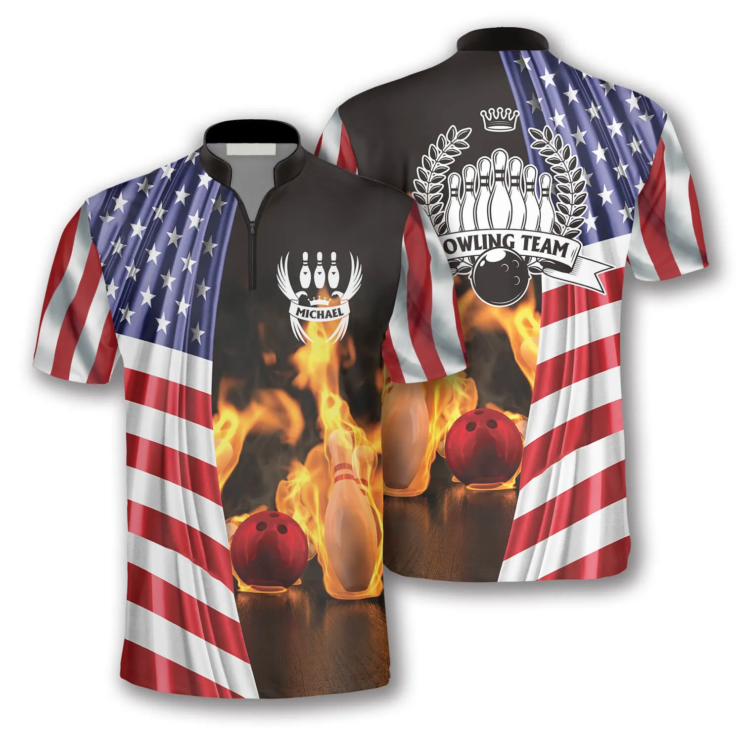 On Fire US Flag Custom Bowling Jerseys for Men, Flag American Bowling Shirt, Flag Shirt