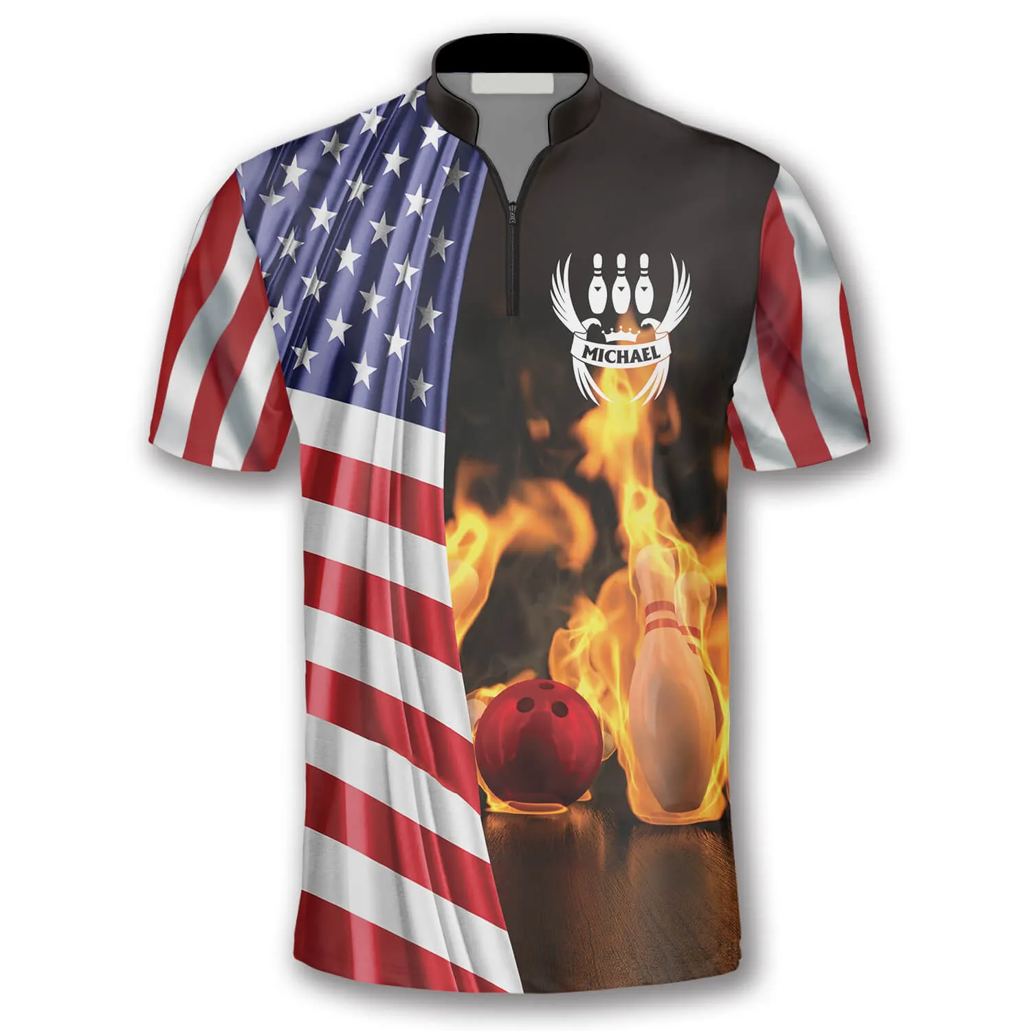 On Fire US Flag Custom Bowling Jerseys for Men, Flag American Bowling Shirt, Flag Shirt