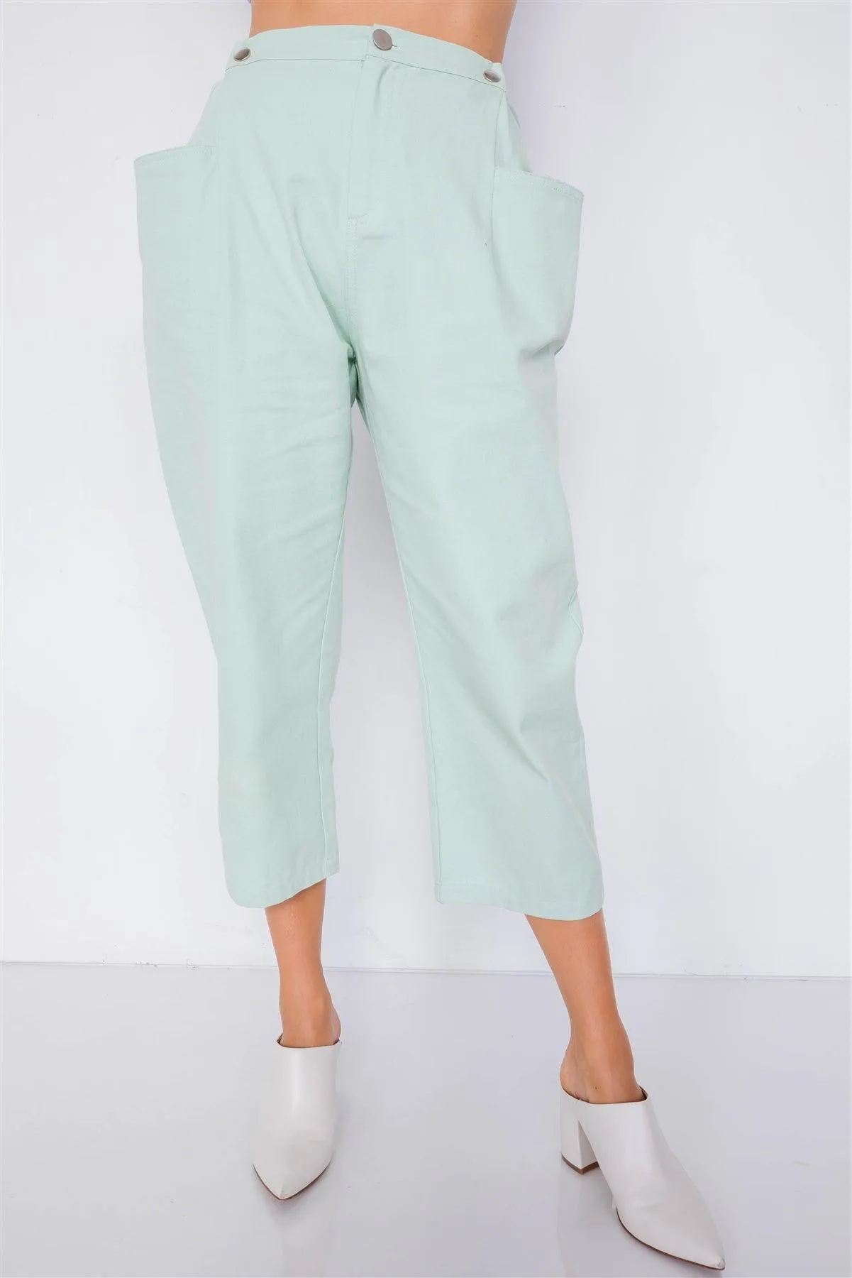 Pastel Sage Chic Solid Ankle Wide Leg Adjustable Snap Waist Pants /3-2-1