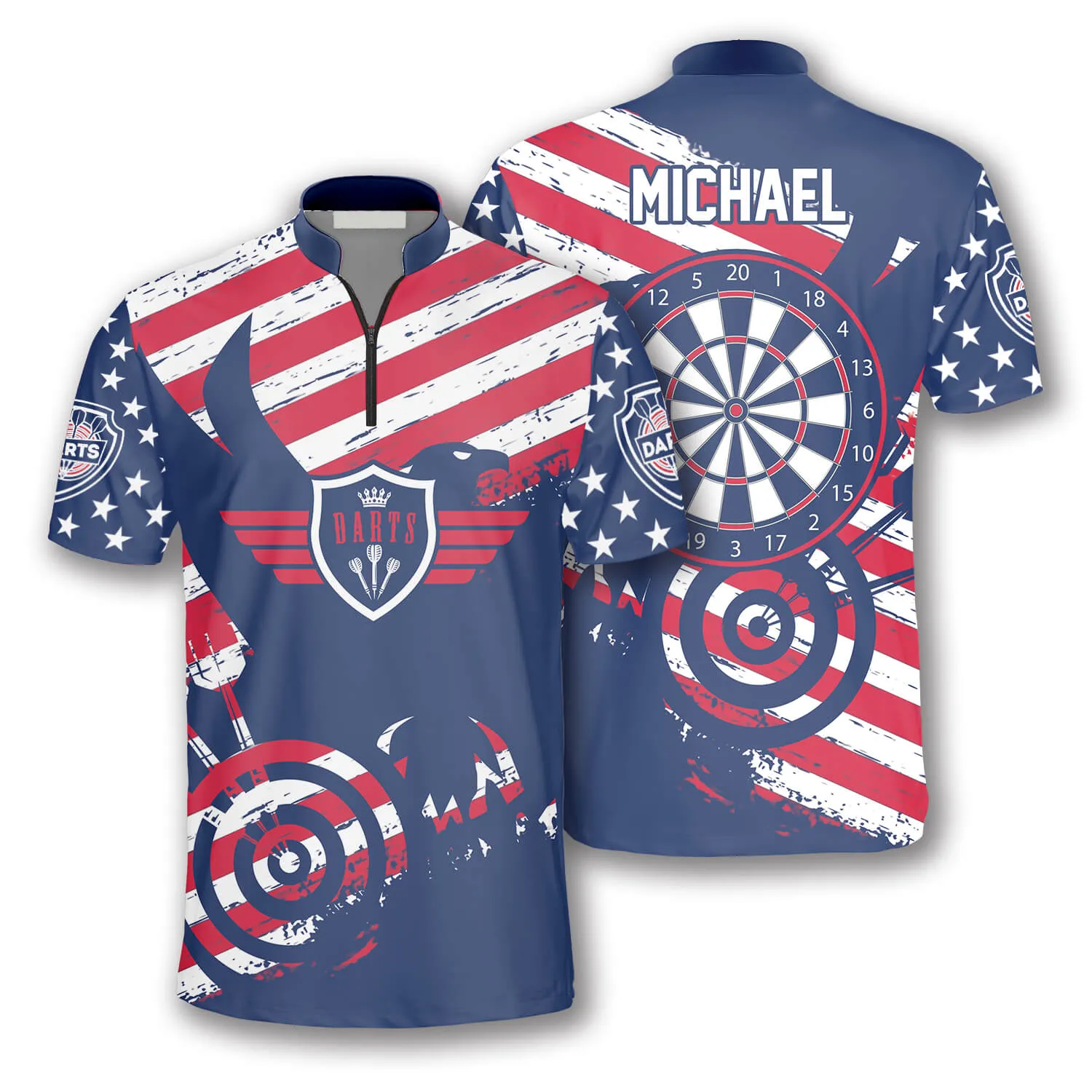 Patriotic Flag Red Blue Custom Darts Jerseys for Men, Crown Dart Shirt, Flag USA Shirt