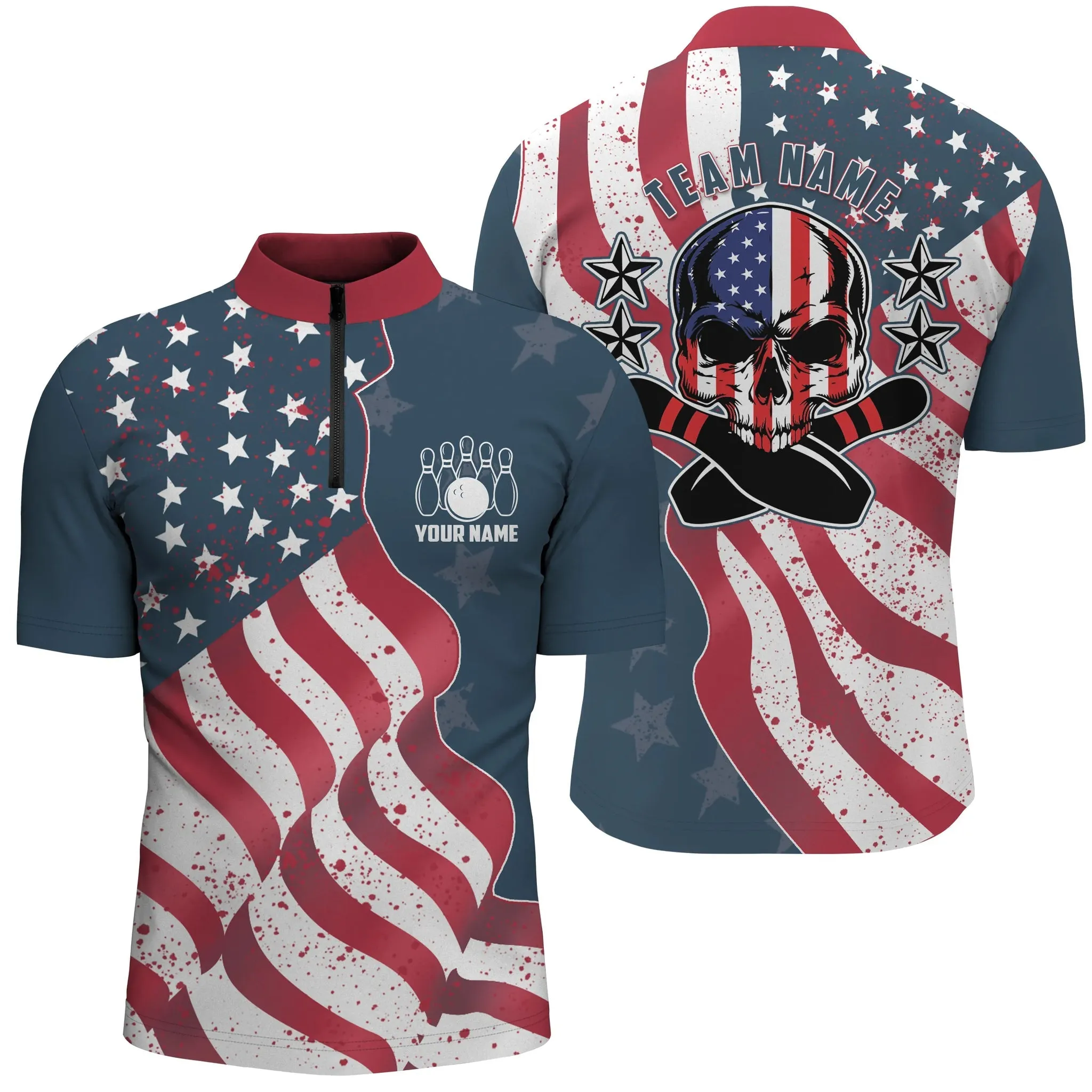 Patriotic Men's Bowling Jersey Shirt, Custom Name Team Men Bowlers Jersey American Flag, Bowling Flag Shirt