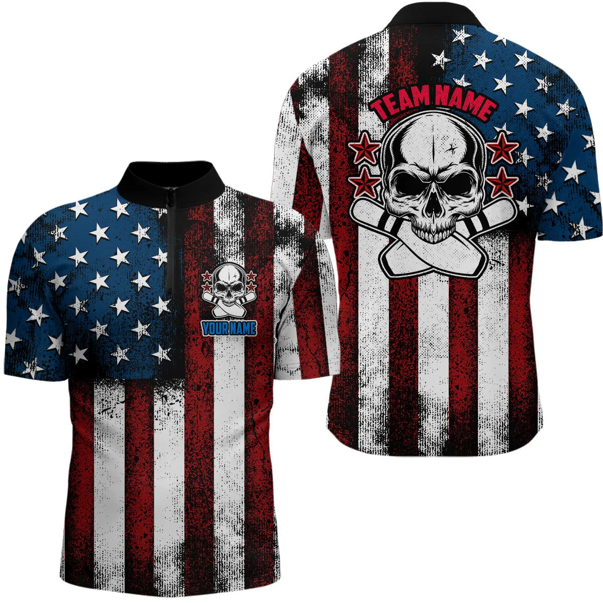 Patriotic Men's Bowling Jersey Shirt, Custom Name Team Men Bowlers Jersey American Flag, Bowling Flag Shirt