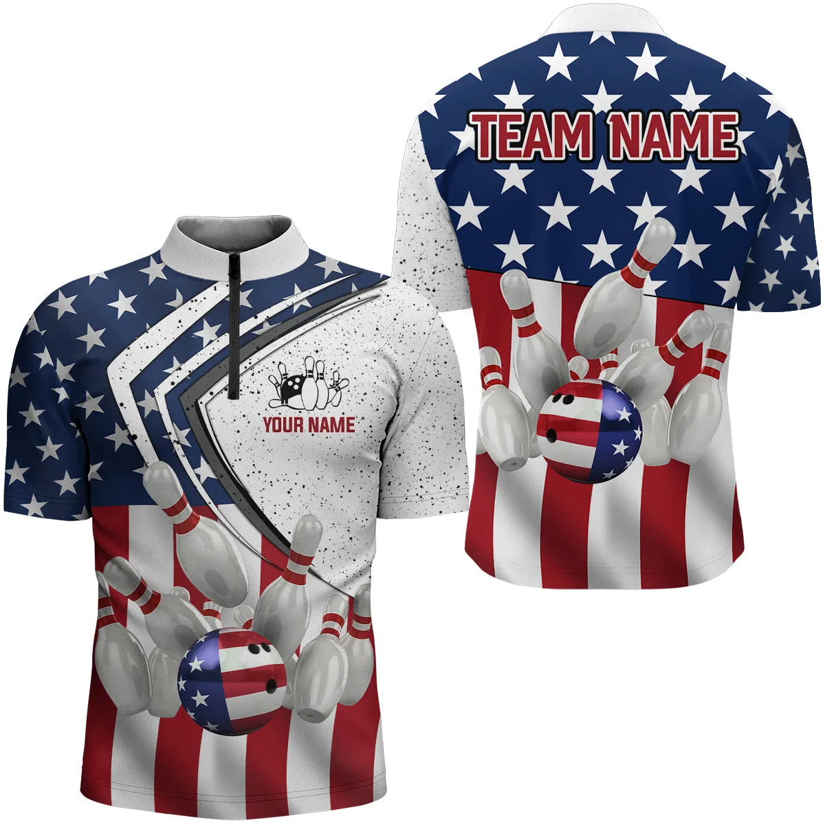 Patriotic Men's Bowling Jersey Shirt, Custom Name Team Men Bowlers Jersey American Flag, Bowling Flag Shirt