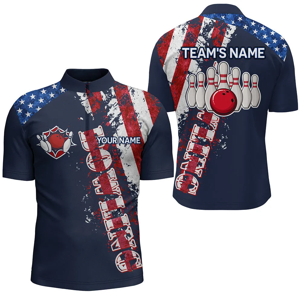 Patriotic Men's Bowling Jersey Shirt, Custom Name Team Men Bowlers Jersey American Flag, Bowling Flag Shirt