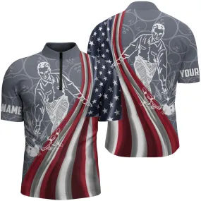 Patriotic Men's Bowling Shirt Quarter-Zip, American Flag Custom Name Bowlers Jersey Short Sleeve