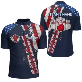 Patriotic Men's Bowling Shirt Quarter-Zip, Custom Name Men Bowlers Jersey American Flag