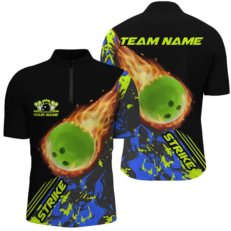 Personalized Men Bowling Quarter Zip Shirts Green Flame Bowling Ball Strike Bowling Team Jerseys