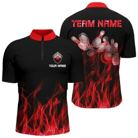 Personalized Men Quarter Zip Bowling Shirt Red Flame Bowling Ball and Pins bowling jerseys for Bowler