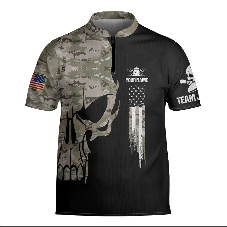 Personalized Skull Camo Flag Bowling Jersey, Gift for Team, Bowling Lovers