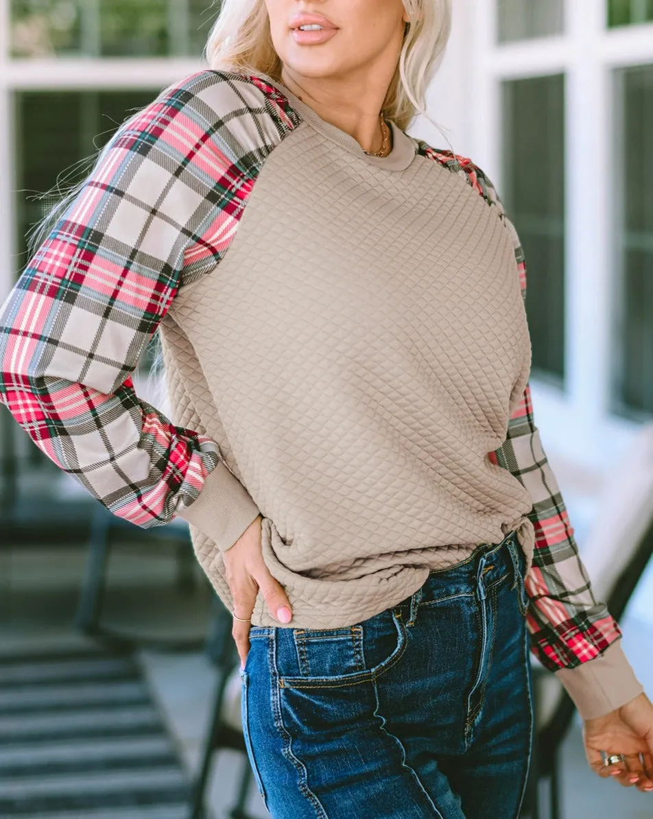 Plaid Colorblock Raglan Sleeve Sweatshirt