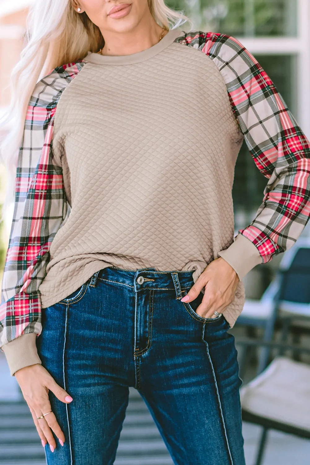 Plaid Colorblock Raglan Sleeve Sweatshirt