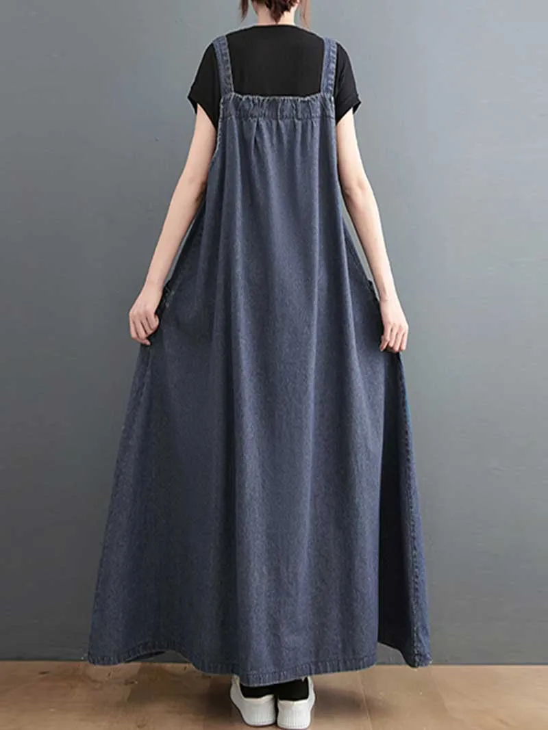 Plain Denim Salopette Overall A-Line Dress