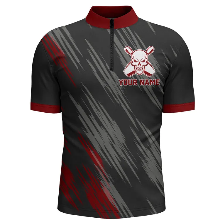 Punisher Skull Bowling Quarter-Zip Shirt For Men Black & Red Bowling Jersey Bowling Team Shirt