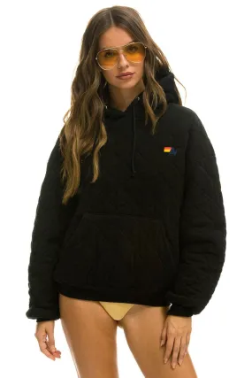 QUILTED RELAXED PULLOVER HOODIE - BLACK