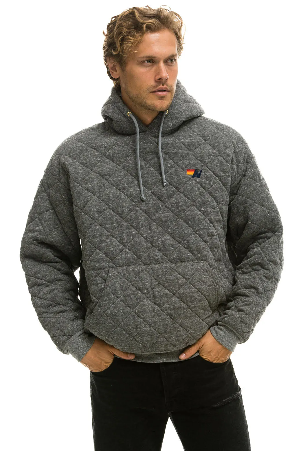 QUILTED RELAXED PULLOVER HOODIE - HEATHER GREY