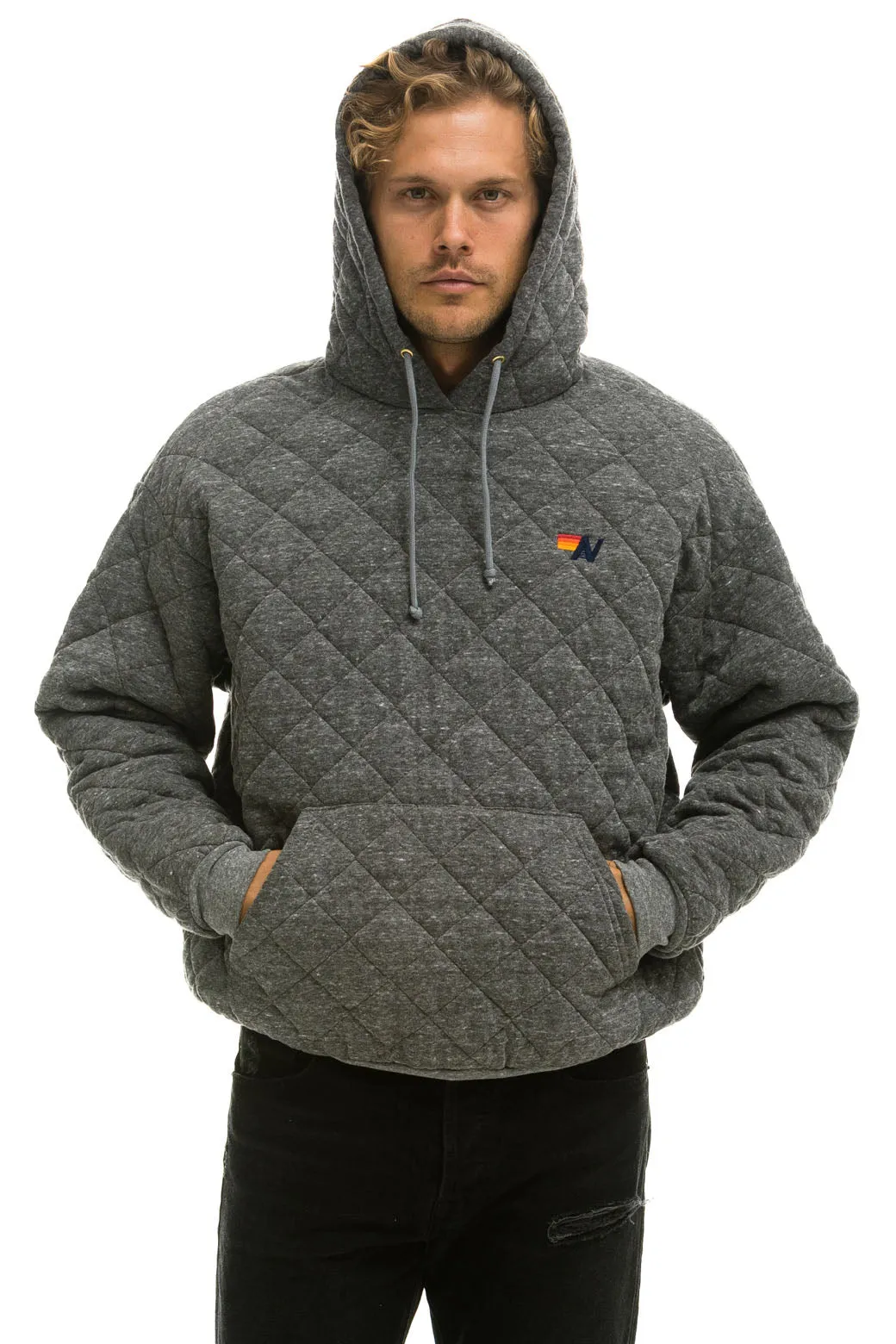 QUILTED RELAXED PULLOVER HOODIE - HEATHER GREY