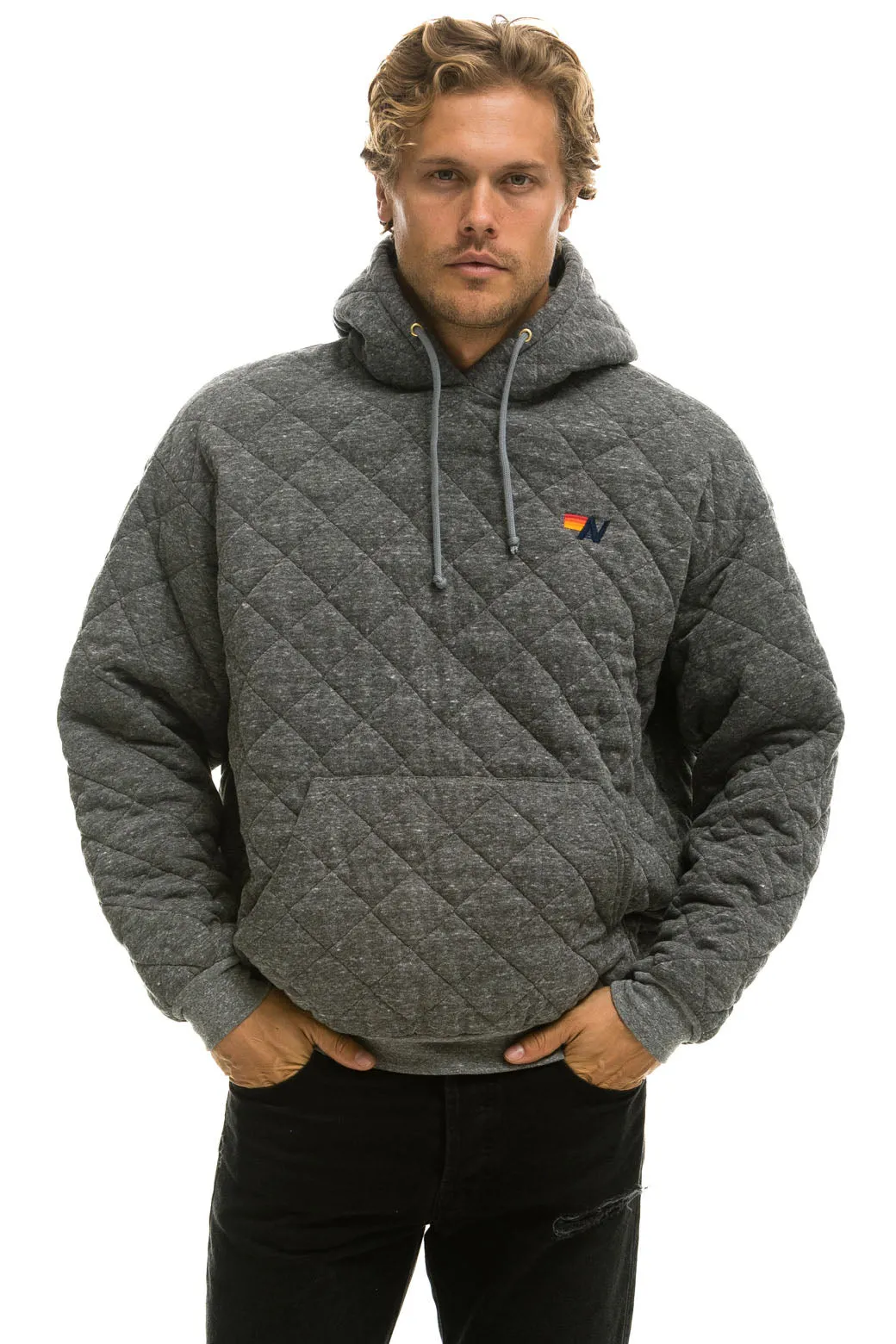 QUILTED RELAXED PULLOVER HOODIE - HEATHER GREY