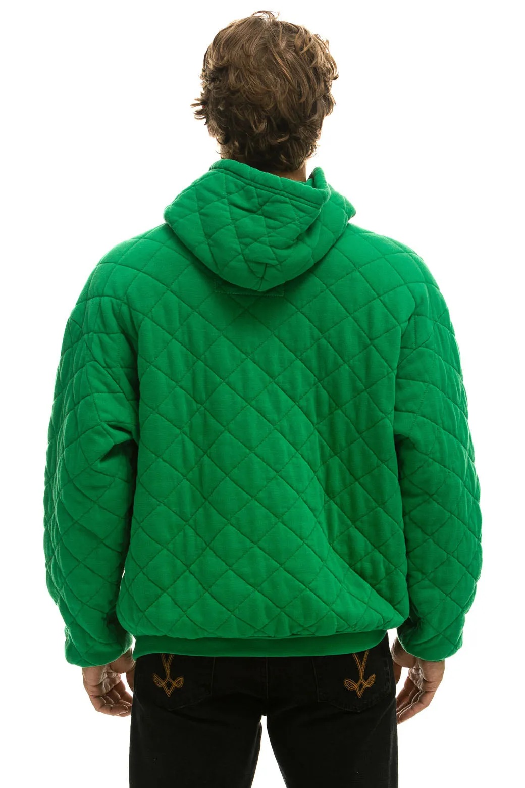 QUILTED RELAXED PULLOVER HOODIE - KELLY GREEN