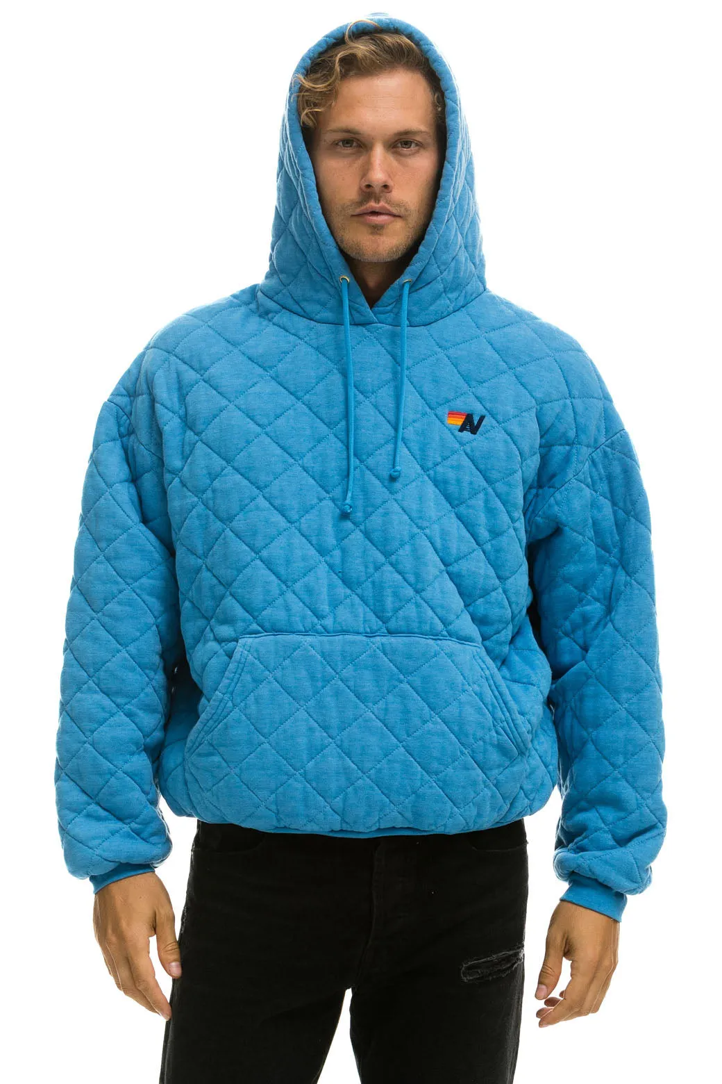 QUILTED RELAXED PULLOVER HOODIE - OCEAN