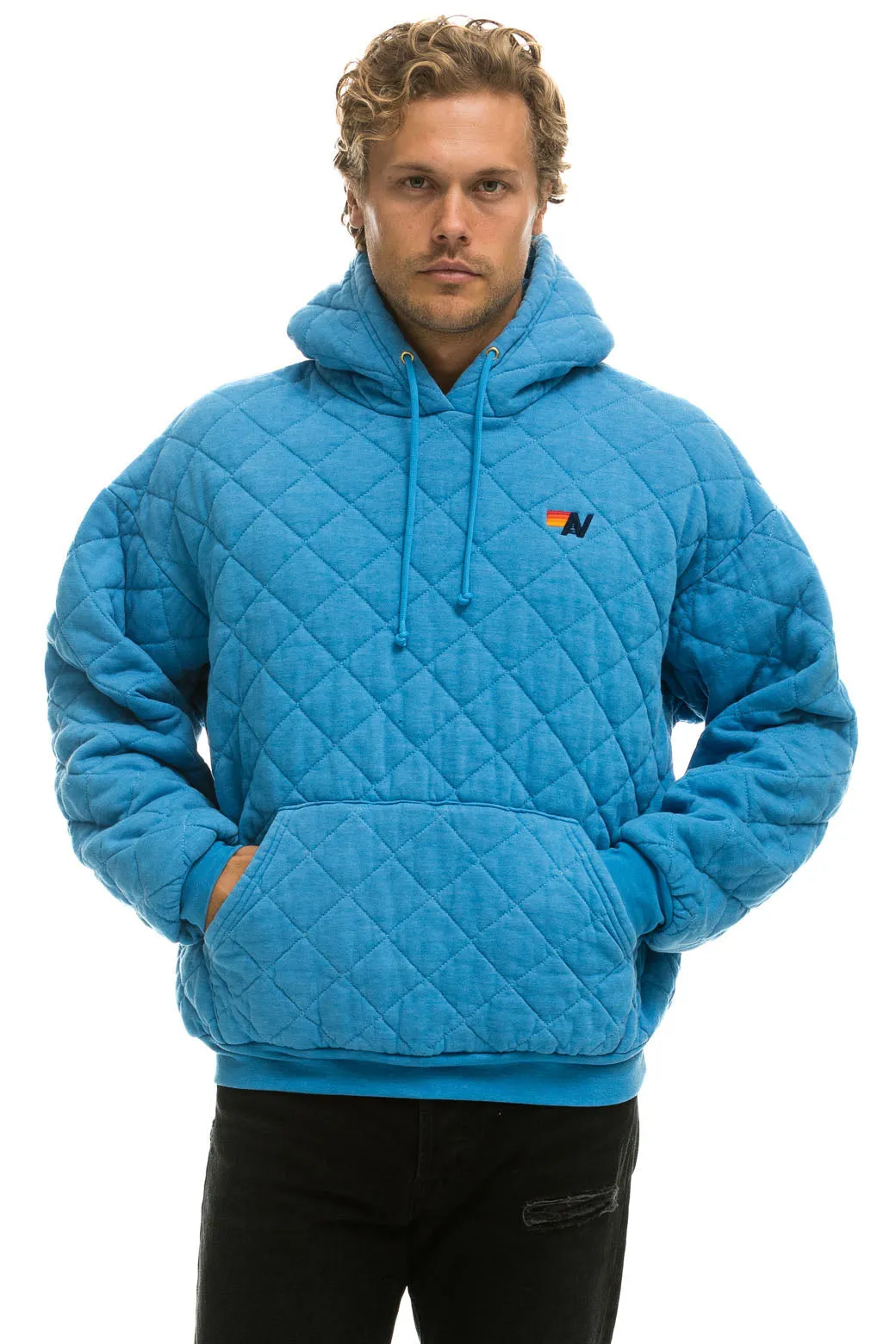 QUILTED RELAXED PULLOVER HOODIE - OCEAN