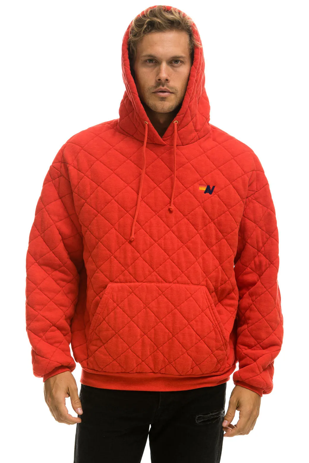 QUILTED RELAXED PULLOVER HOODIE - RED