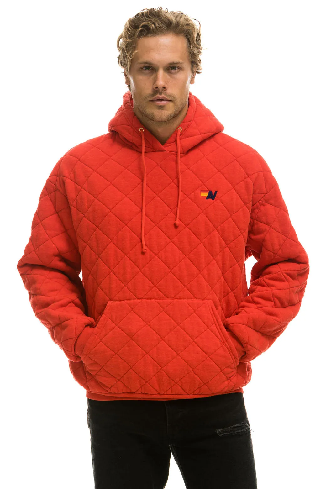 QUILTED RELAXED PULLOVER HOODIE - RED