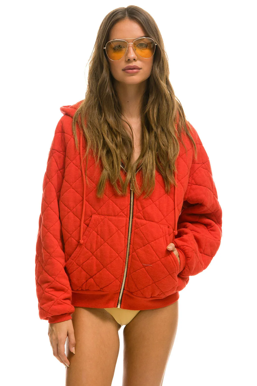 QUILTED ZIP HOODIE RELAXED - RED