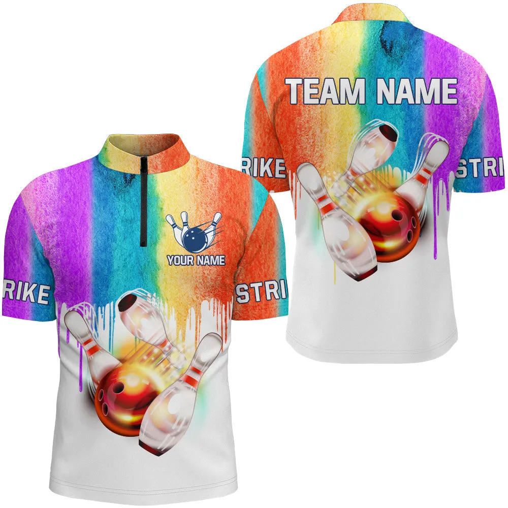 Rainbow Custom Bowling Shirt for Men Bowling Jersey Bowling Team League Quarter-Zip Shirt