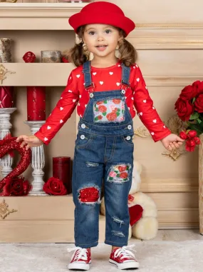 Raining Roses Patched Denim Overall Set