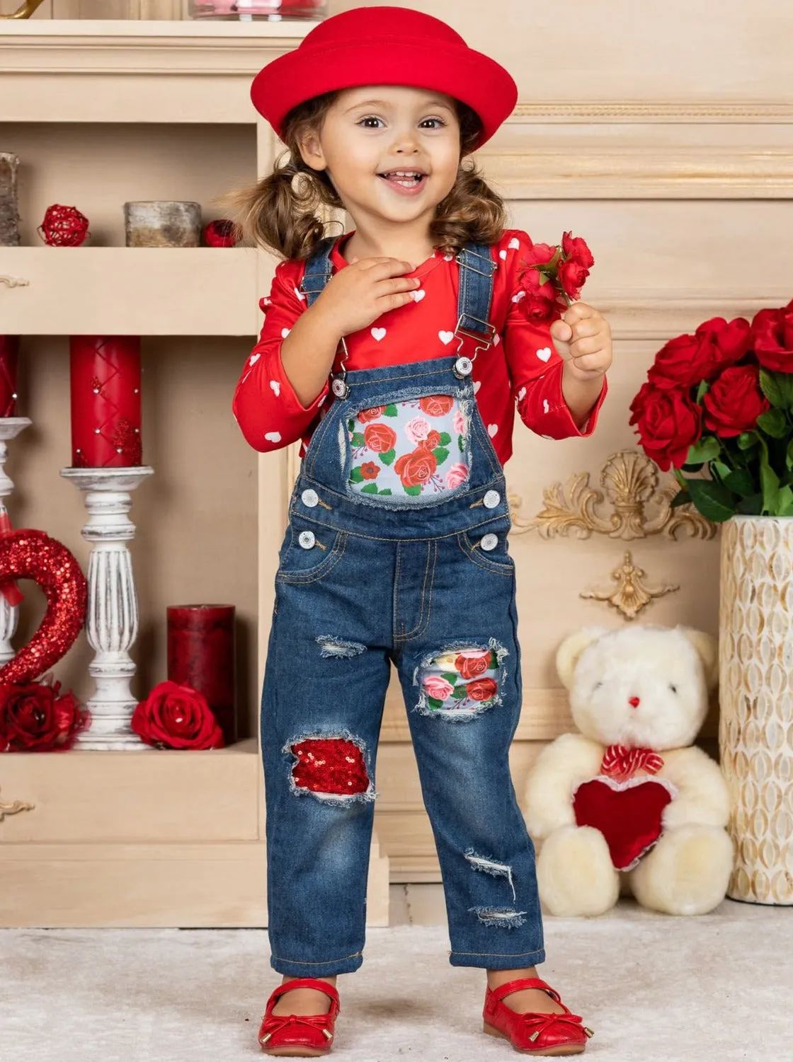 Raining Roses Patched Denim Overall Set