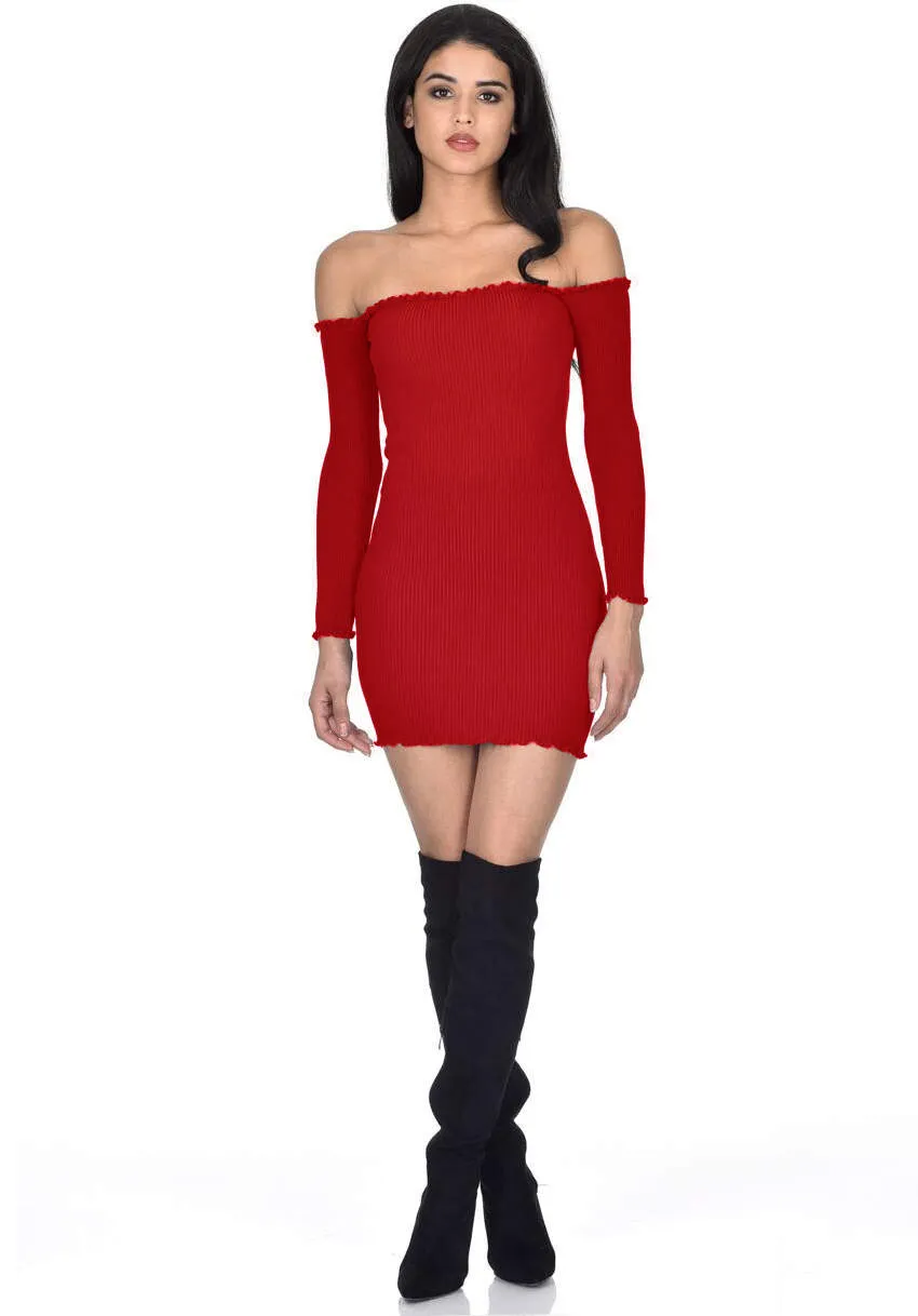 Red Bardot Ruffle Detail Knit Dress