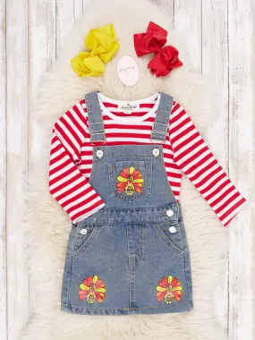 Red Striped Shirt & Denim Turkey Overall Dress