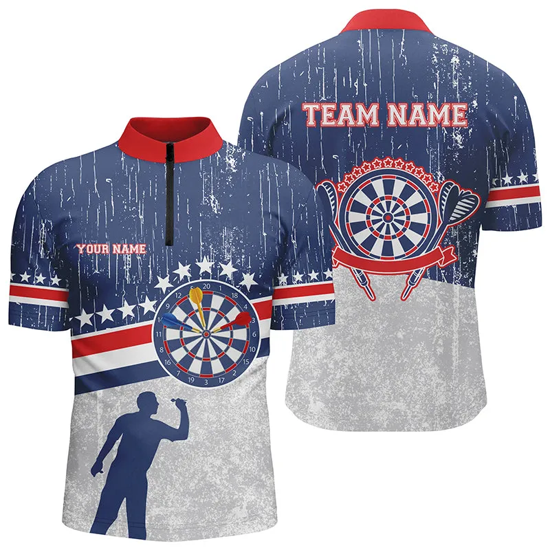 Retro American Flag Darts Quarter Zip Shirt Personalized Patriotic Darts Jerseys For Men