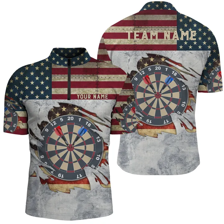 Retro American Flag Darts Quarter Zip Shirt Personalized Patriotic Darts Jerseys For Men