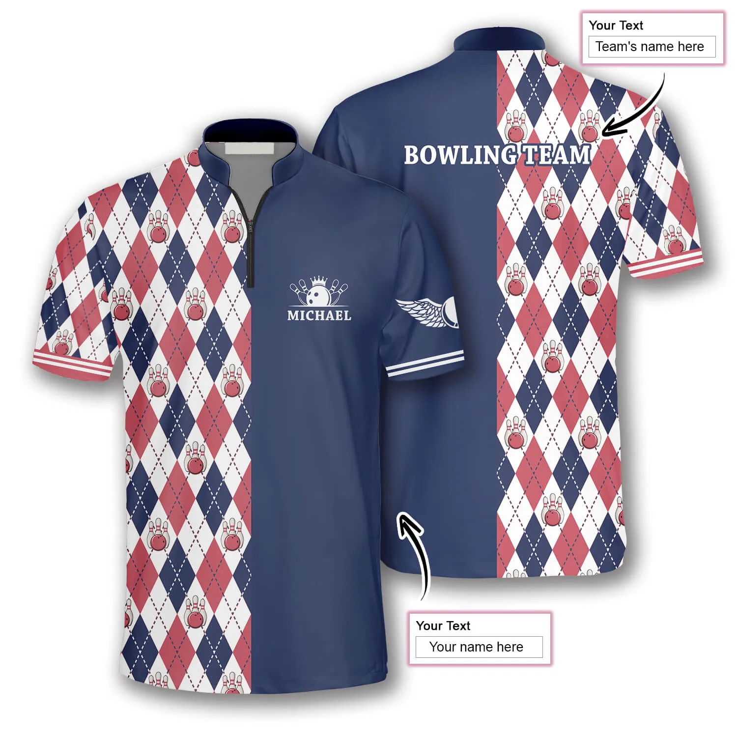 Rhombus Pattern Custom Bowling Jerseys for Men, Personalized 3D All Over Print Bowling Shirt