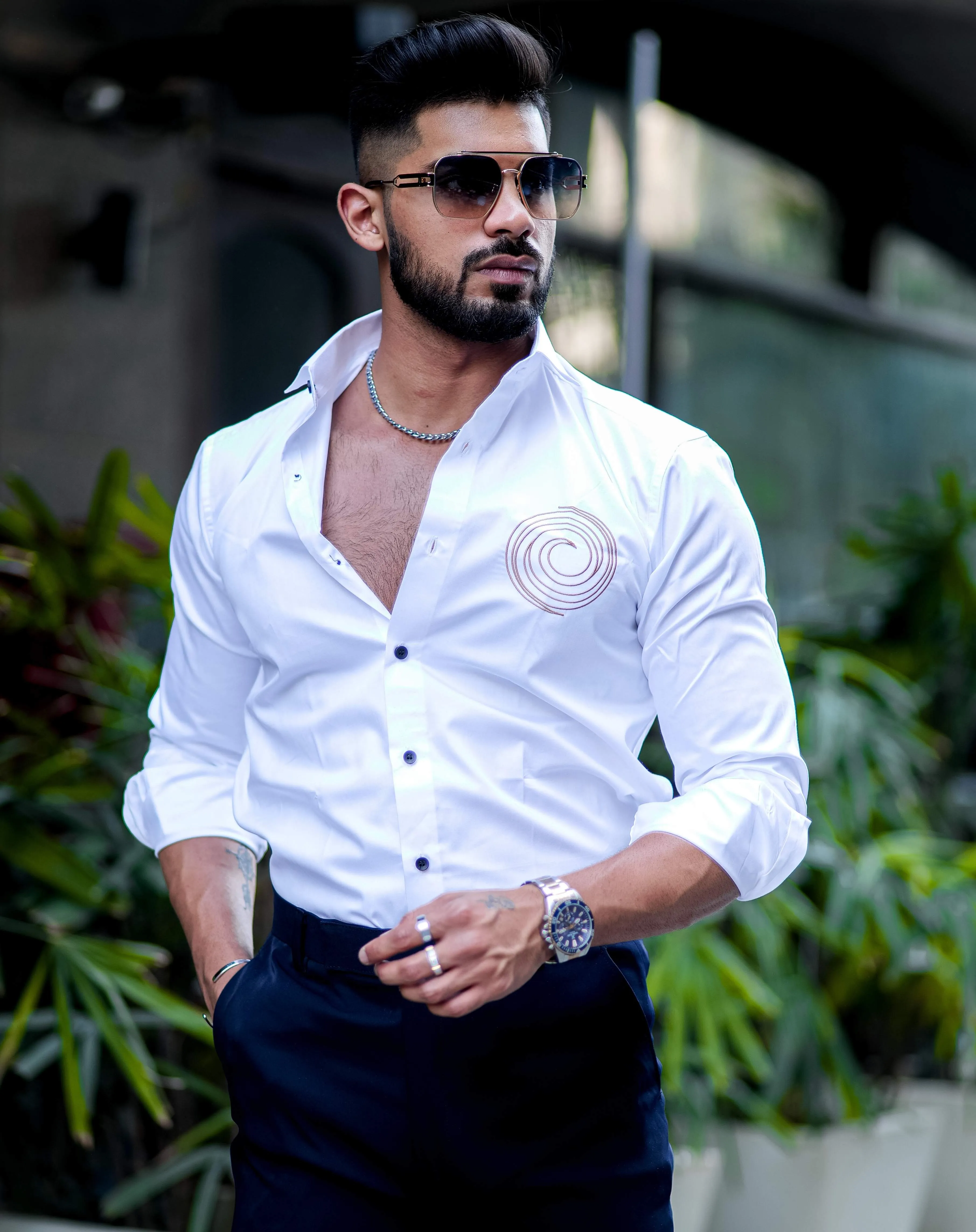 Round Embroidered White Premium Shirt For Men