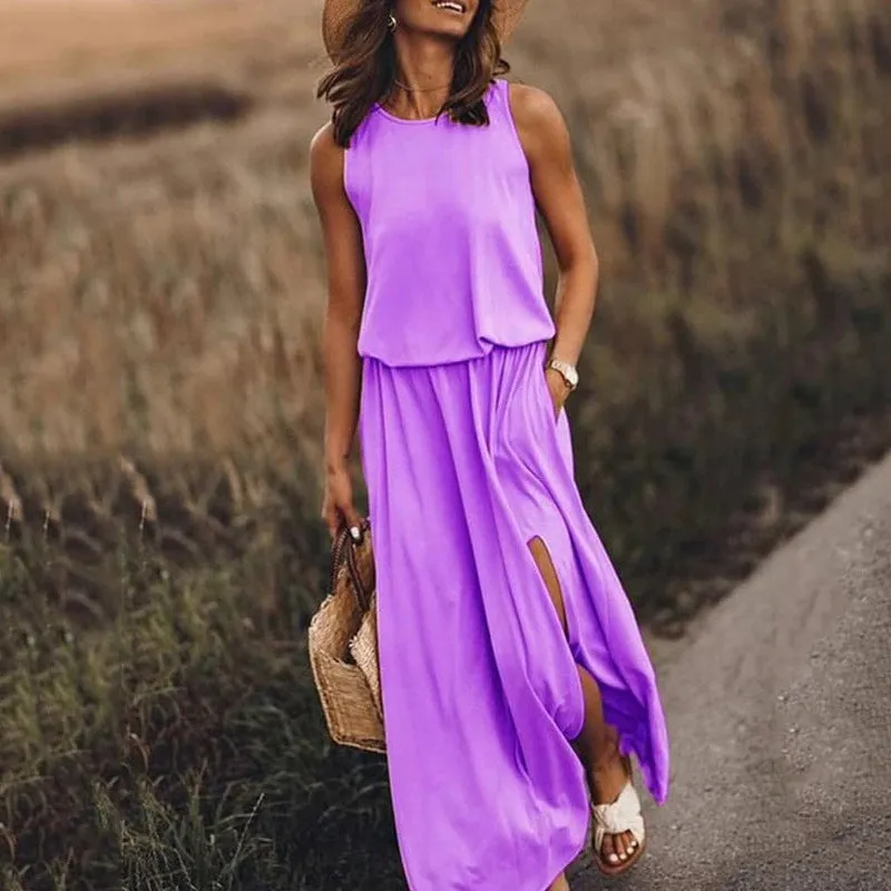 Round Neck Slit Long Dress