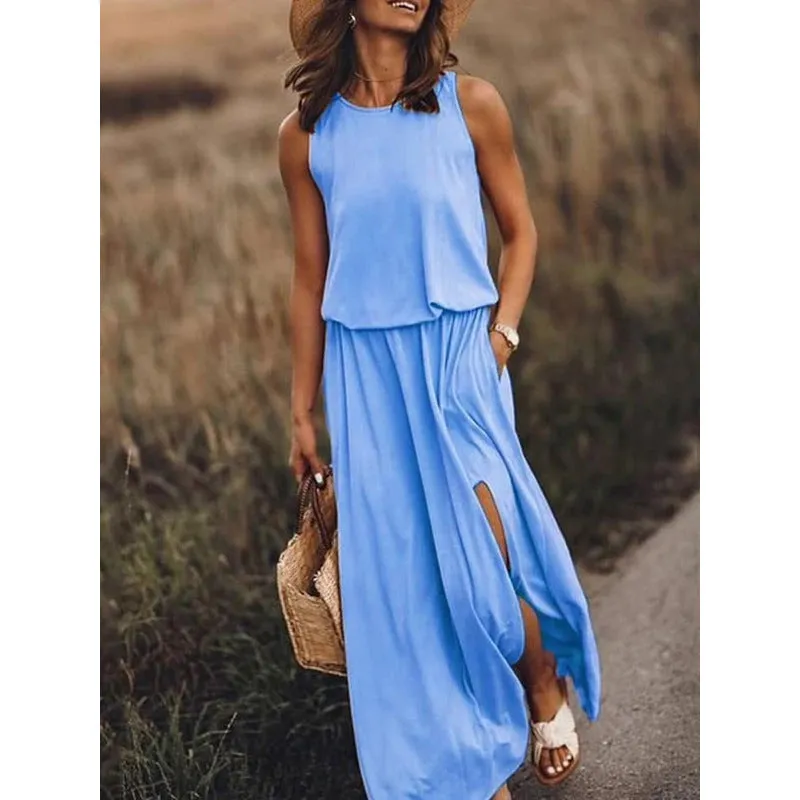 Round Neck Slit Long Dress