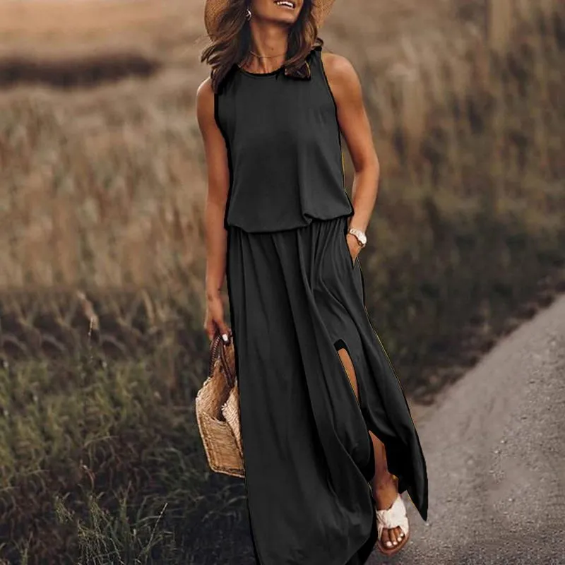 Round Neck Slit Long Dress