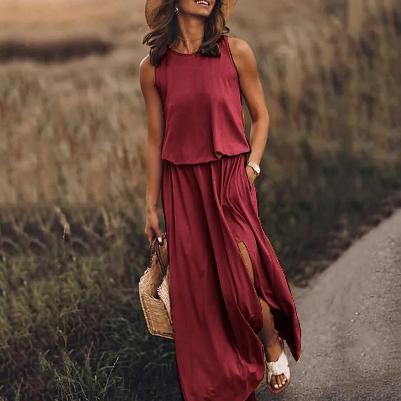 Round Neck Slit Long Dress