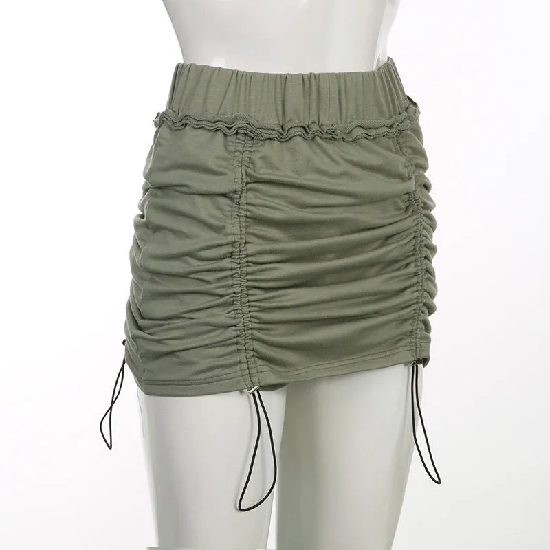 Ruched pleated pig nose drawstring tight hip skirt chic kawaii shorts skirt combo sweatpants